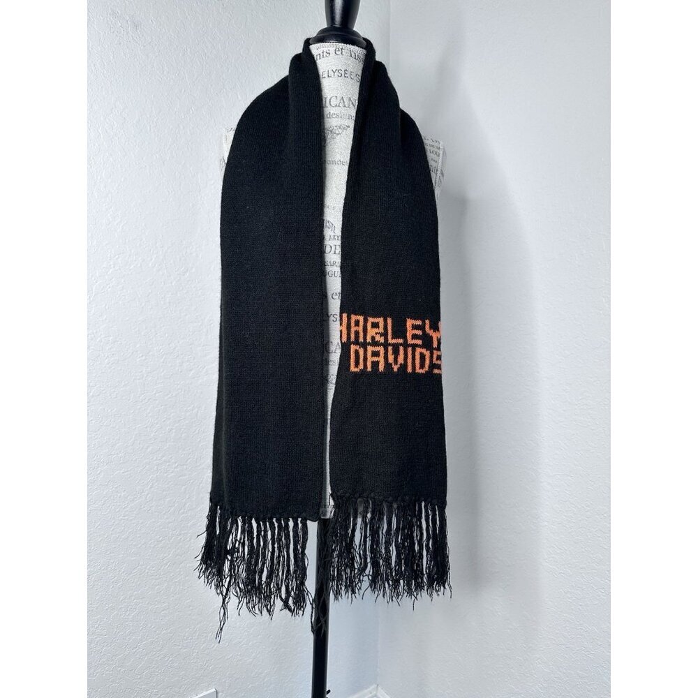 Vintage Harley-Davidson‎ Wool Knit Scarf Fringed Biker Black 60x8 inches